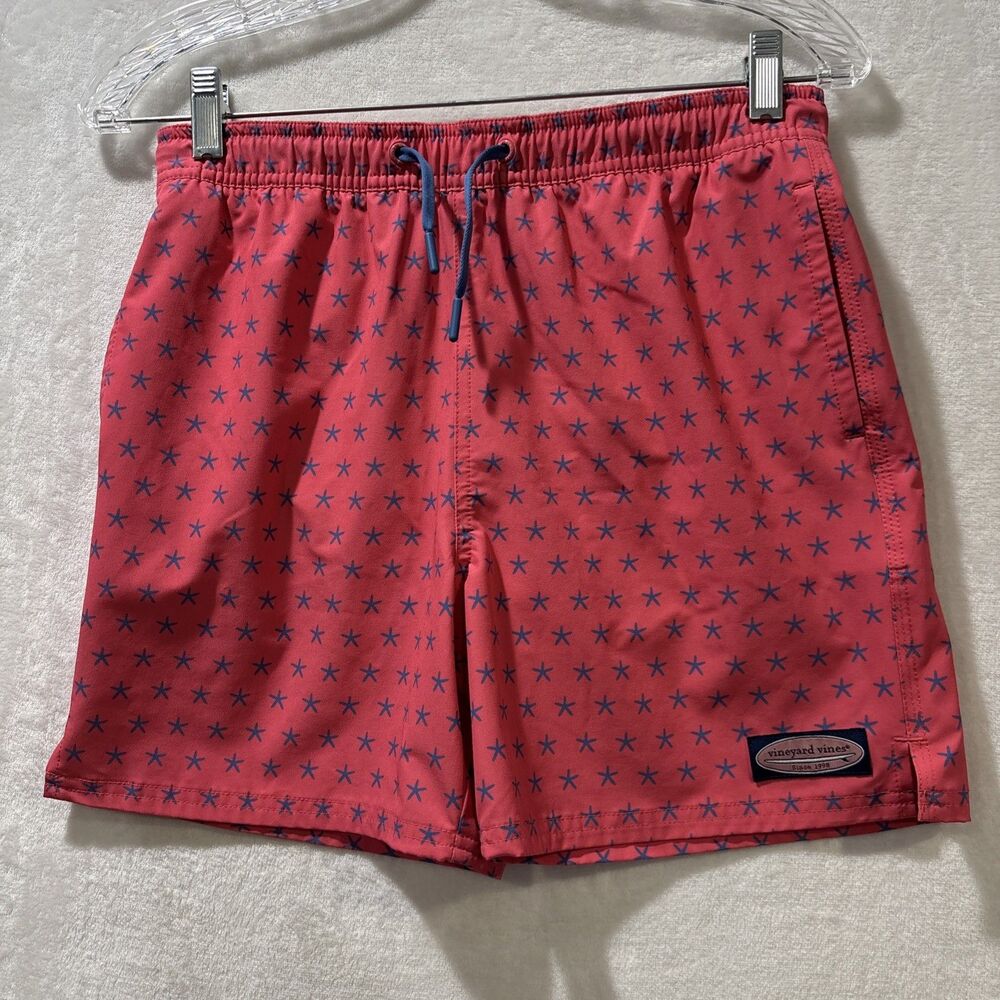 Vineyard Vines Chappy Swim Trunks Boy's Medium Red Blue Starfish Lined Beach